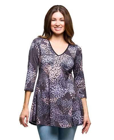 24seven Comfort Apparel Women's Gray Abstract Print V Neck three quarter Sleeve Tunic Top