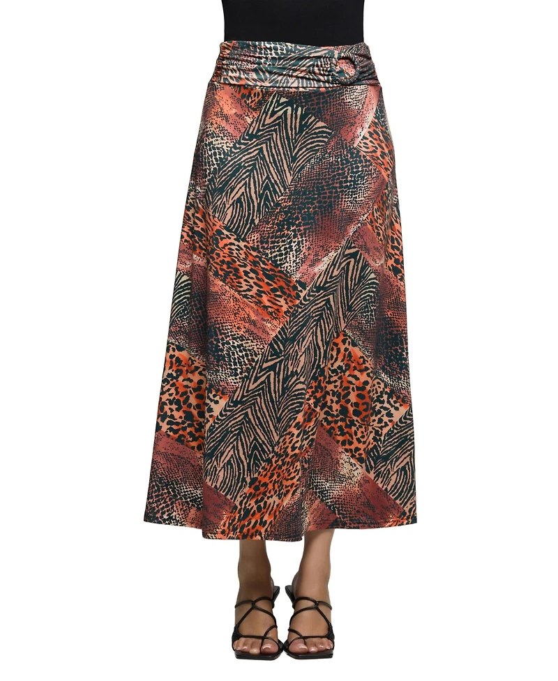 24seven Comfort Apparel Women's Brown Animal Patchwork Print Maxi Skirt