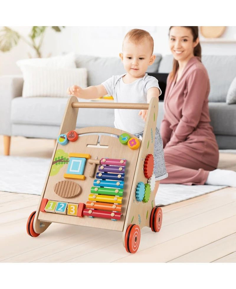 Gymax Wooden Baby Walker Baby Push Walker w/ Handle Storage & Wheels Walker Toy