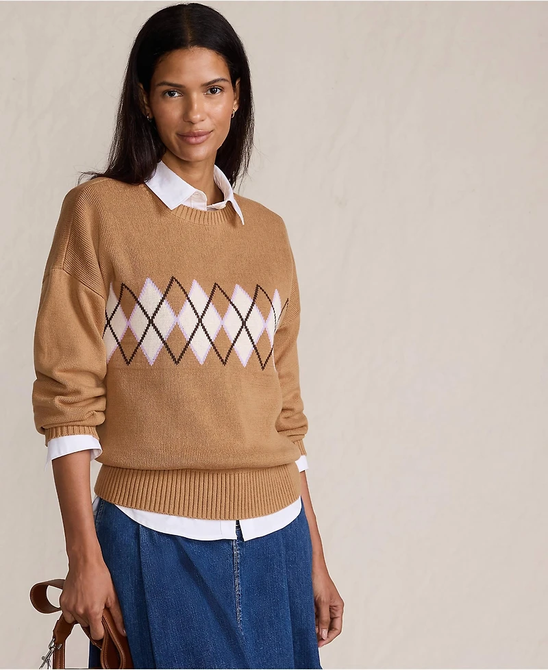 Lands' End Women's Cotton Drifter Argyle Crew Neck Sweater
