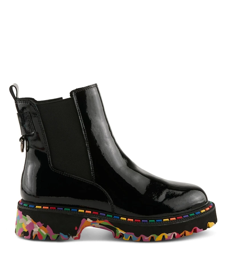 Spring Step Rager Glossy Waterproof Leather Rain Boot with Artistic Outsole and Elastic Side Panels