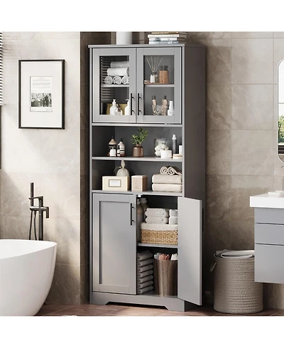 gaomon 67" Tall Storage Cabinet, Bathroom Cabinet with Glass Doors and Adjustable Shelves