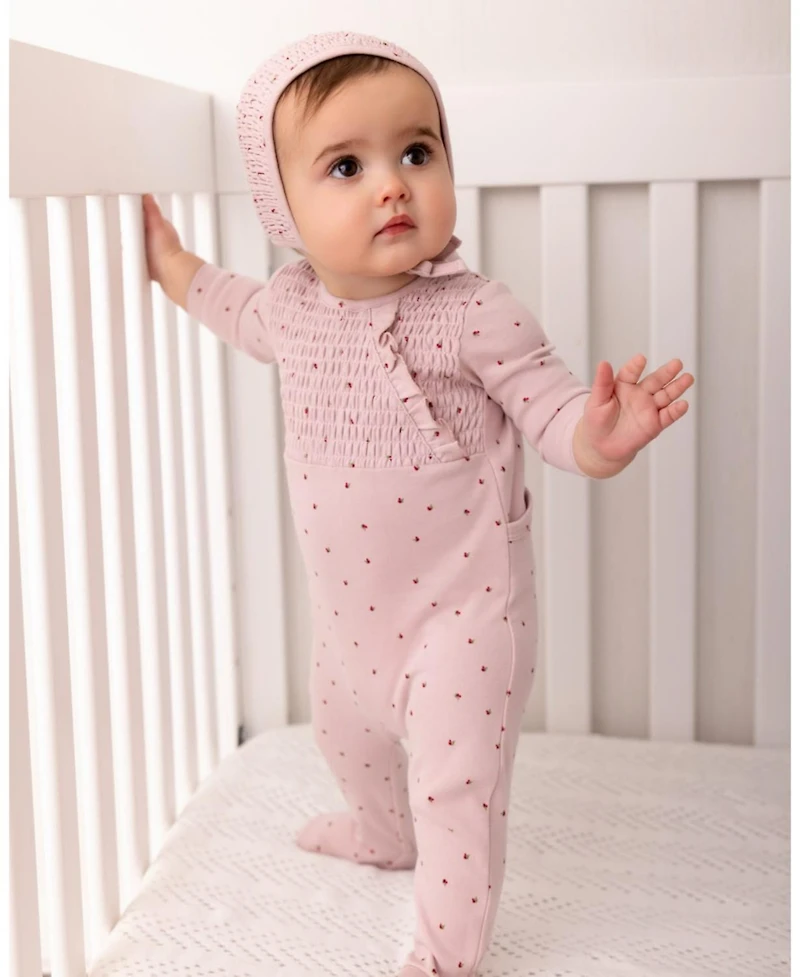 MeMoi 2 Piece Baby Girls "Sweet Cherry" 100% Cotton Smocked Footie Set