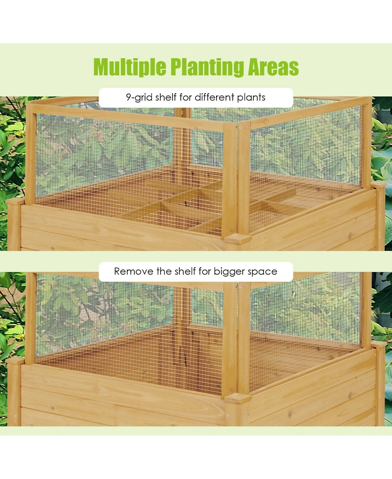 Gymax Raised Garden Bed Guard Fence Wooden Garden Box with 9 Grids & Critter