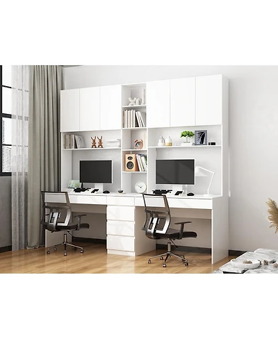 Famapy 94.5 in. W Large 2 in. 1 Wood Double Computer Desk White Writing Desk 86.6 in. Tall Bookshelf, Drawers Home Office