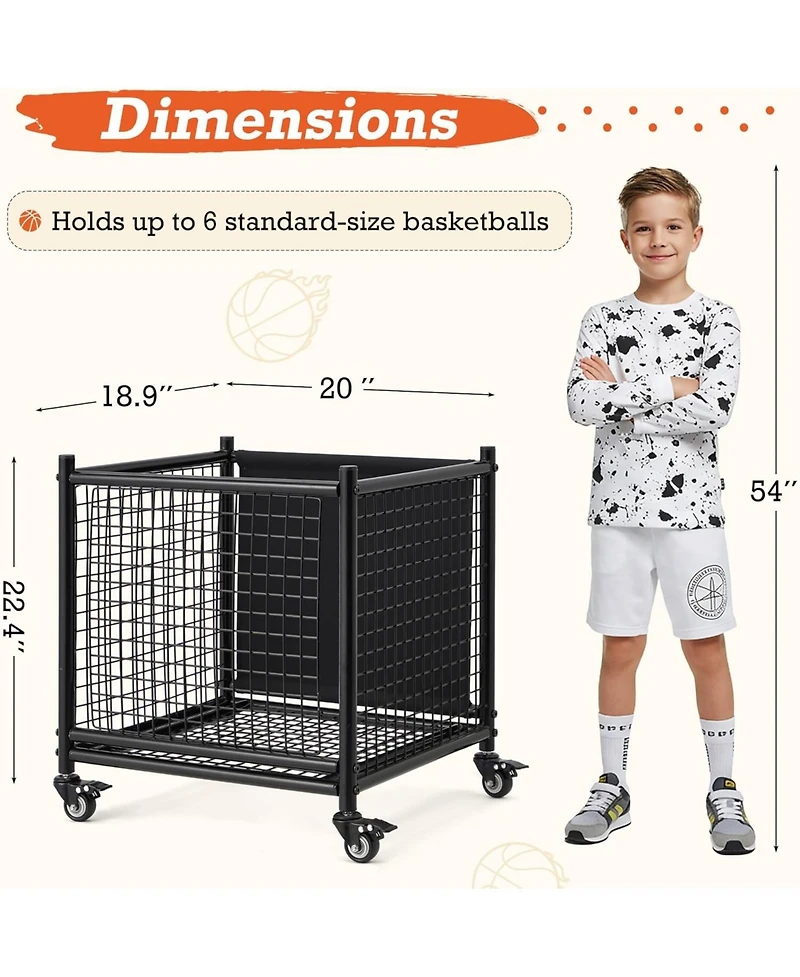 Aecojoy Ball Cart Storage, Rolling Basketball Bin with Wheels for Garage, School, Gym, Sports Equipment and Toy Organizer,Medium