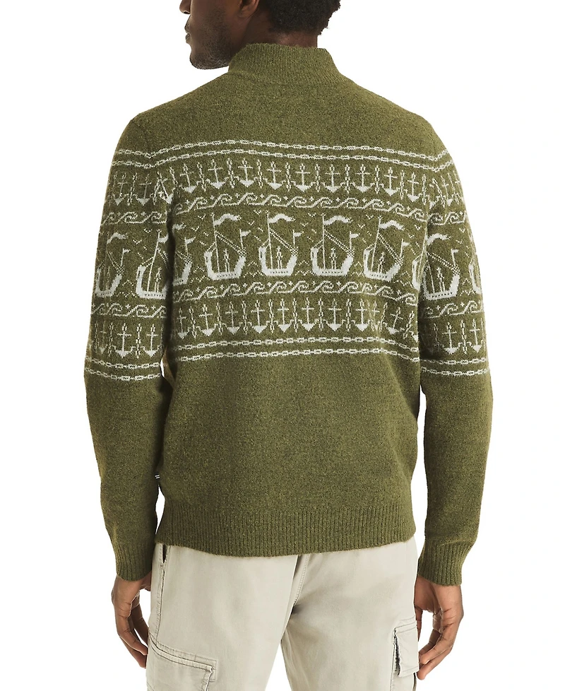 Nautica Men's Fairisle Button Up Mock Neck Sweater