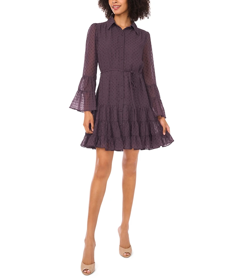 CeCe Women's Tiered Long Sleeve Shirtdress
