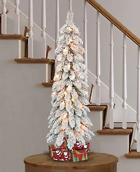 Puleo Pre-Lit Flocked Pencil Alpine Artificial Christmas Tree with 35 Lights, 3'