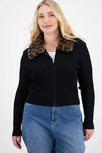 Madden Girl Trendy Plus Fur Collared Zip Cardigan