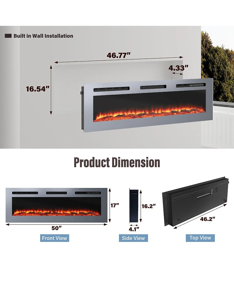 50''Stainless Steel Recessed or Wall Mount Smart Electric Fireplace