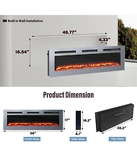 50''Stainless Steel Recessed or Wall Mount Smart Electric Fireplace