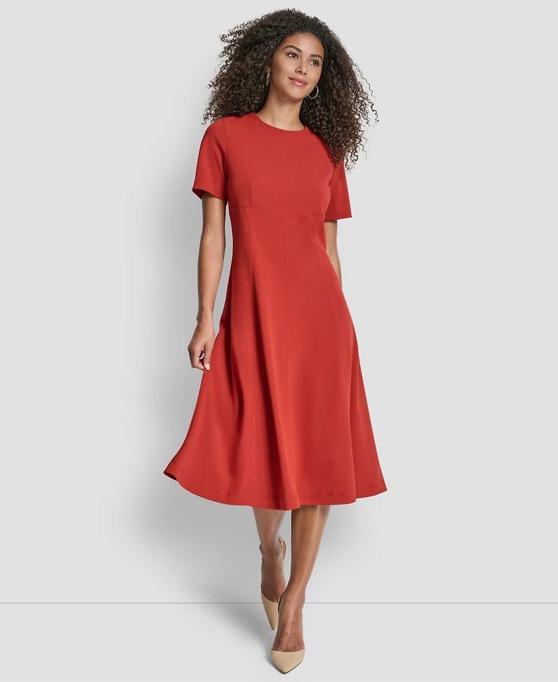 Dkny Short Sleeve Jewel Neck Suede Midi Dress