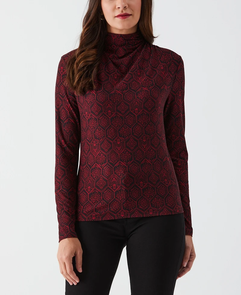 Ella Rafaella Petite Honeycomb Mosaic Print Ruched Mock Neck Long Sleeve Top