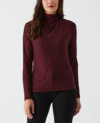 Ella Rafaella Petite Honeycomb Mosaic Print Ruched Mock Neck Long Sleeve Top