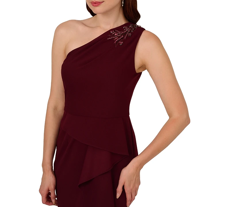Adrianna Papell Petite Beaded Ruffled One-Shoulder Gown