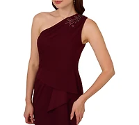 Adrianna Papell Petite Beaded Ruffled One-Shoulder Gown