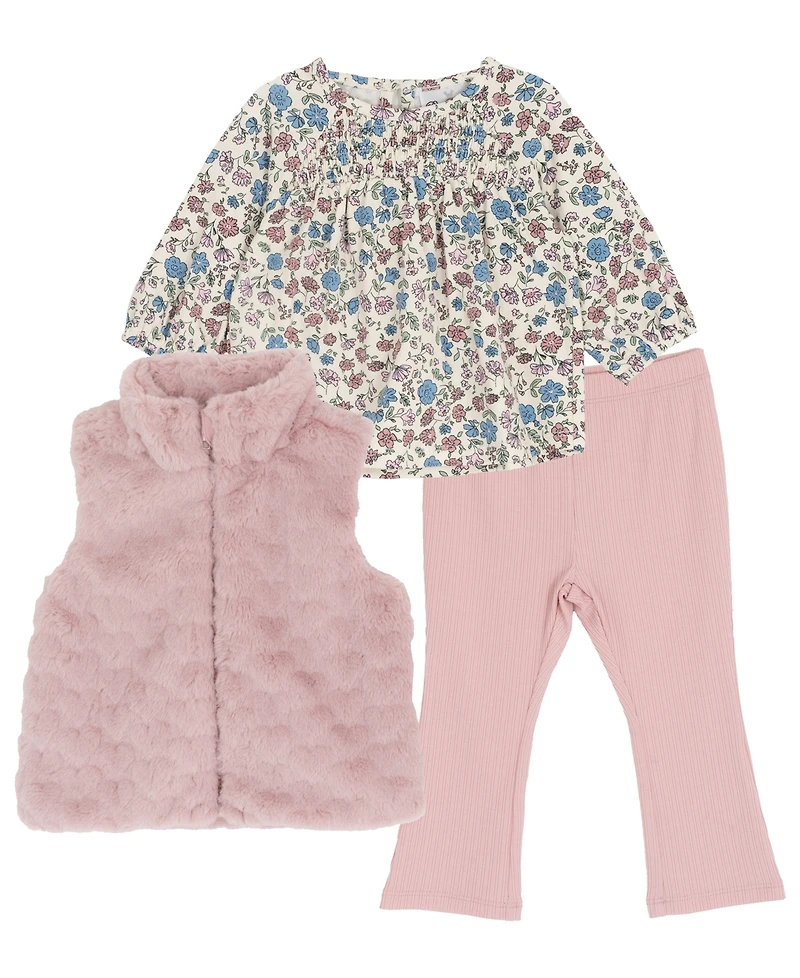Rare Editions Baby Girls 3-Piece Vest, Floral Top, and Ribbed Leggings Set