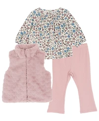Rare Editions Baby Girls 3-Piece Vest, Floral Top, and Ribbed Leggings Set