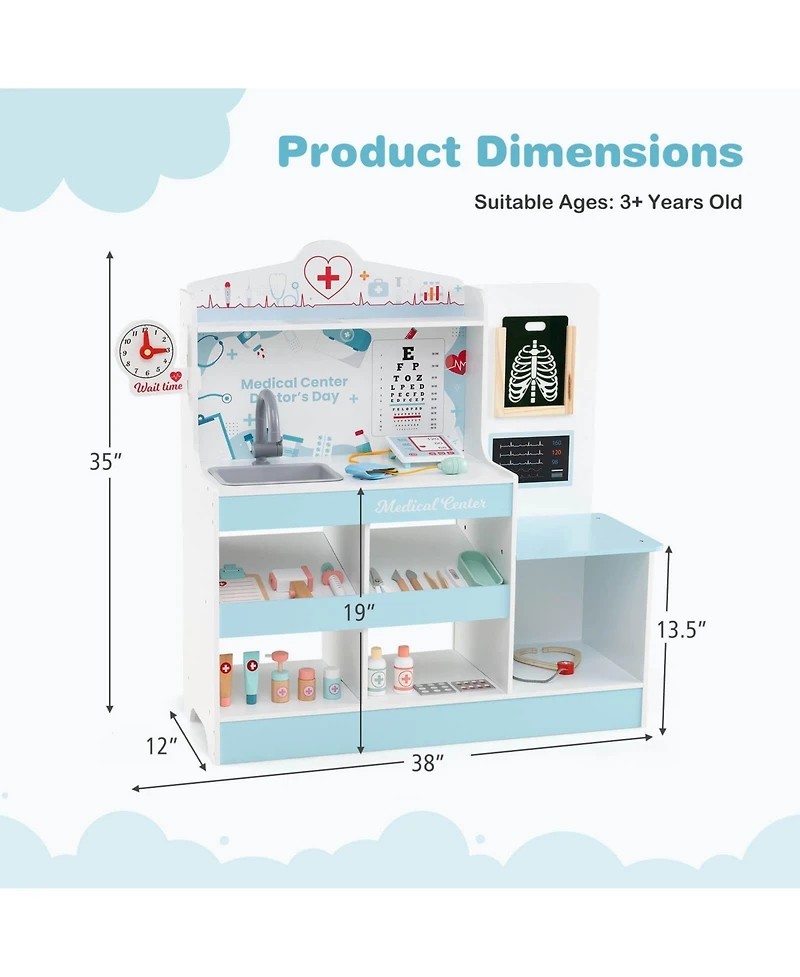 Wooden Doctor Play Set with Clock Sink Eye Chart Ecg Monitor Exam Area Storage