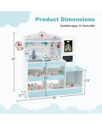 Wooden Doctor Play Set with Clock Sink Eye Chart Ecg Monitor Exam Area Storage