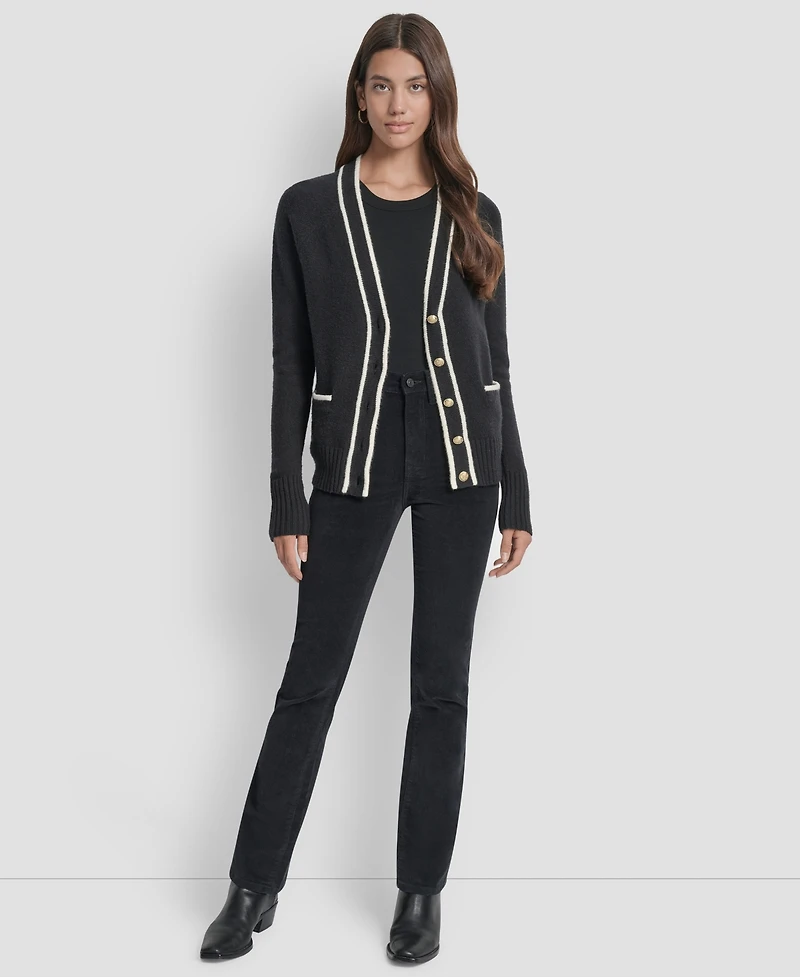 Dkny Jeans Women's Long Sleeve Tipped V-Neck Cardigan Sweater