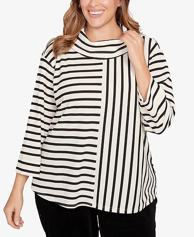 Hearts Of Palm Plus Striped 3/4 Sleeve Cowl Neck Top