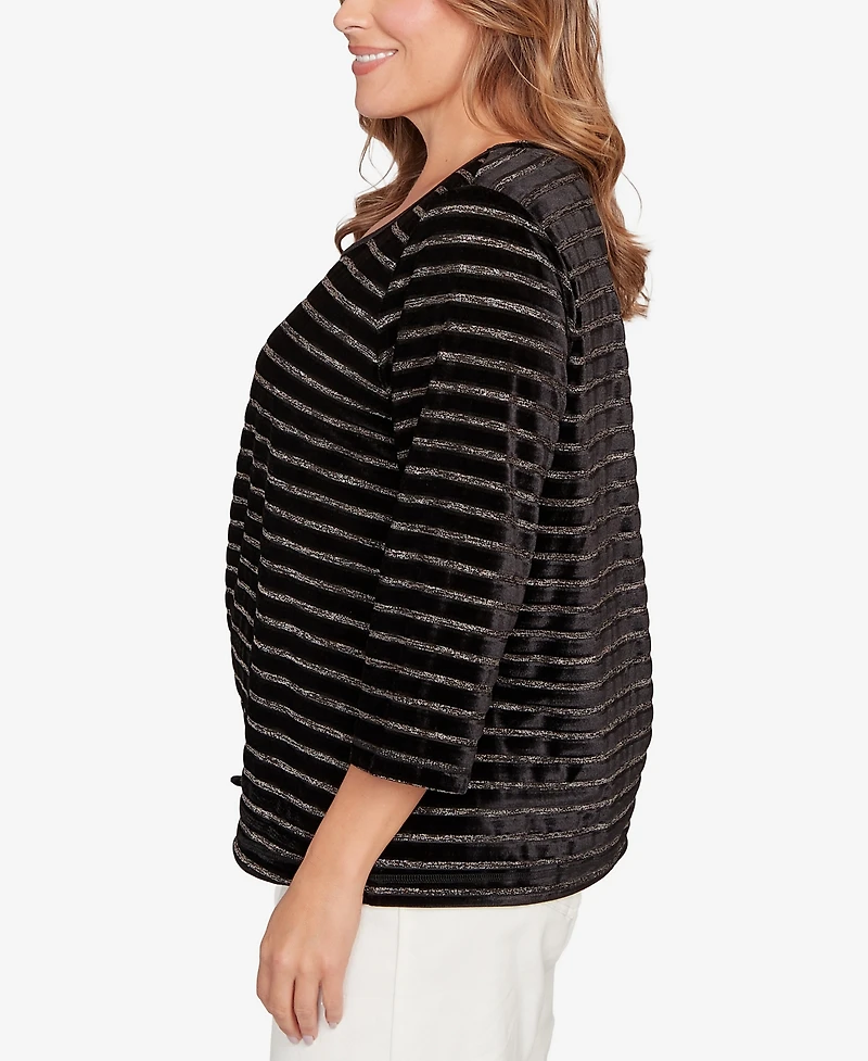 Hearts Of Palm Plus Long Sleeve Metallic Stripe Blouson Top