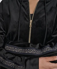 Dkny Women's Metallic Logo Elastic Full Zip Hoodie