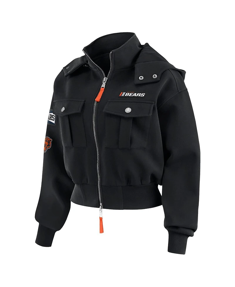 Wear by Erin Andrews Women's Black Chicago Bears Patch Pocket Cropped Full-Zip Bomber Jacket