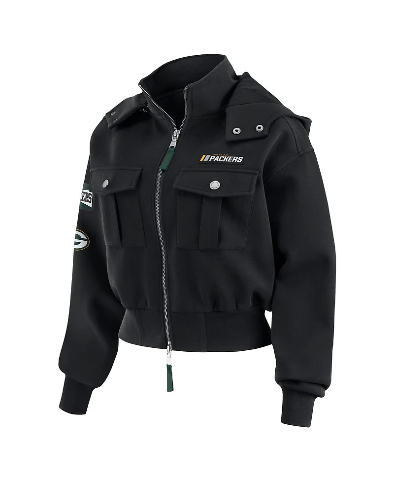 Wear by Erin Andrews Women's Black Green Bay Packers Patch Pocket Cropped Full-Zip Bomber Jacket