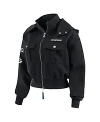 Wear by Erin Andrews Women's Black Green Bay Packers Patch Pocket Cropped Full-Zip Bomber Jacket