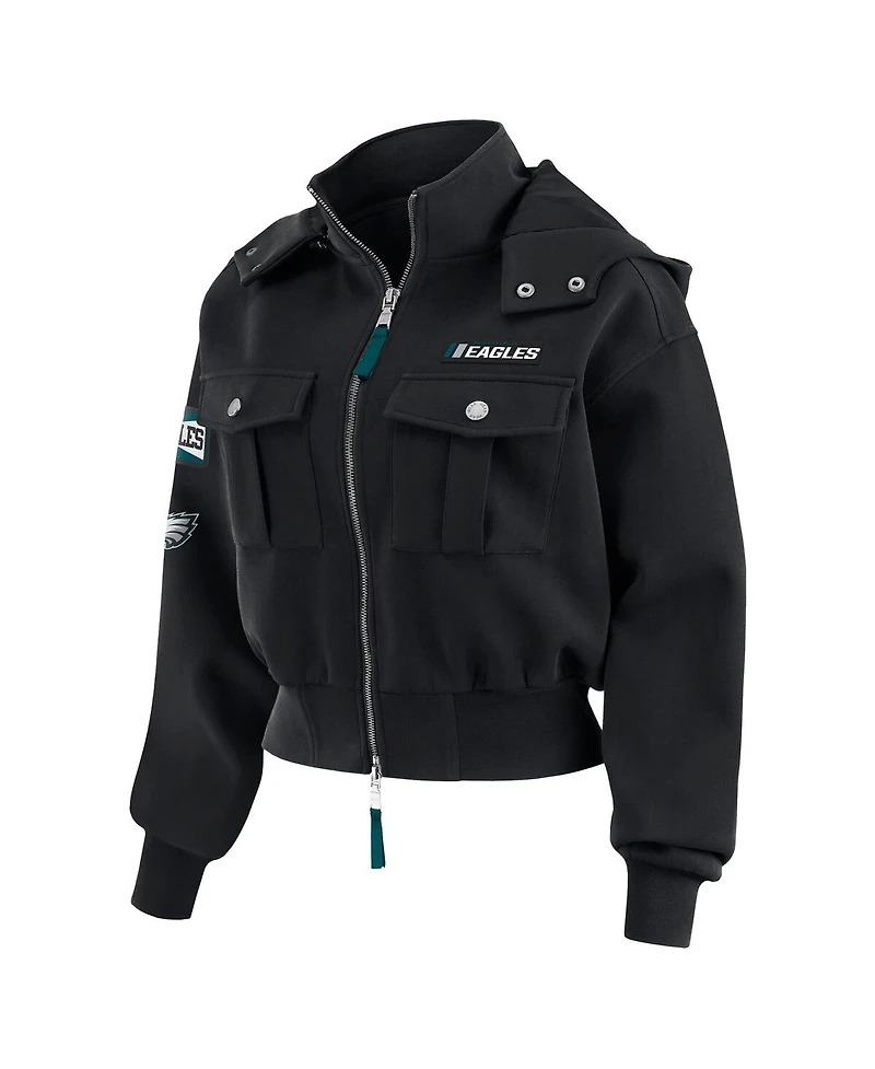 Wear by Erin Andrews Women's Black Philadelphia Eagles Patch Pocket Cropped Full-Zip Bomber Jacket