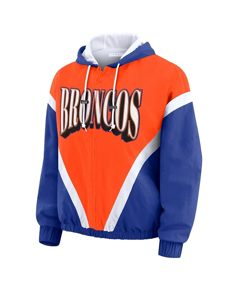 Wear by Erin Andrews Women's Orange/Royal Denver Broncos Retro Crinkle Full-Zip Hoodie Windbreaker Jacket