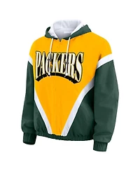 Wear by Erin Andrews Women's Gold/Green Green Bay Packers Retro Crinkle Full-Zip Hoodie Windbreaker Jacket