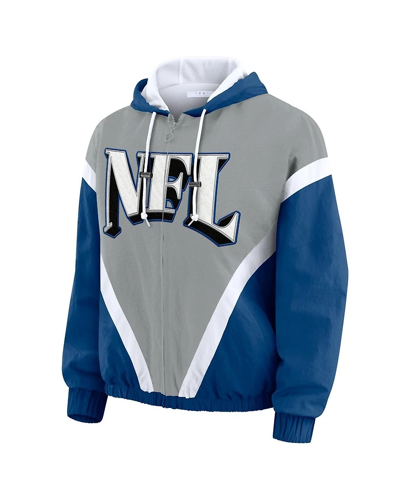 Wear by Erin Andrews Women's Silver/Blue Shield Merchandise Retro Crinkle Full-Zip Hoodie Windbreaker Jacket