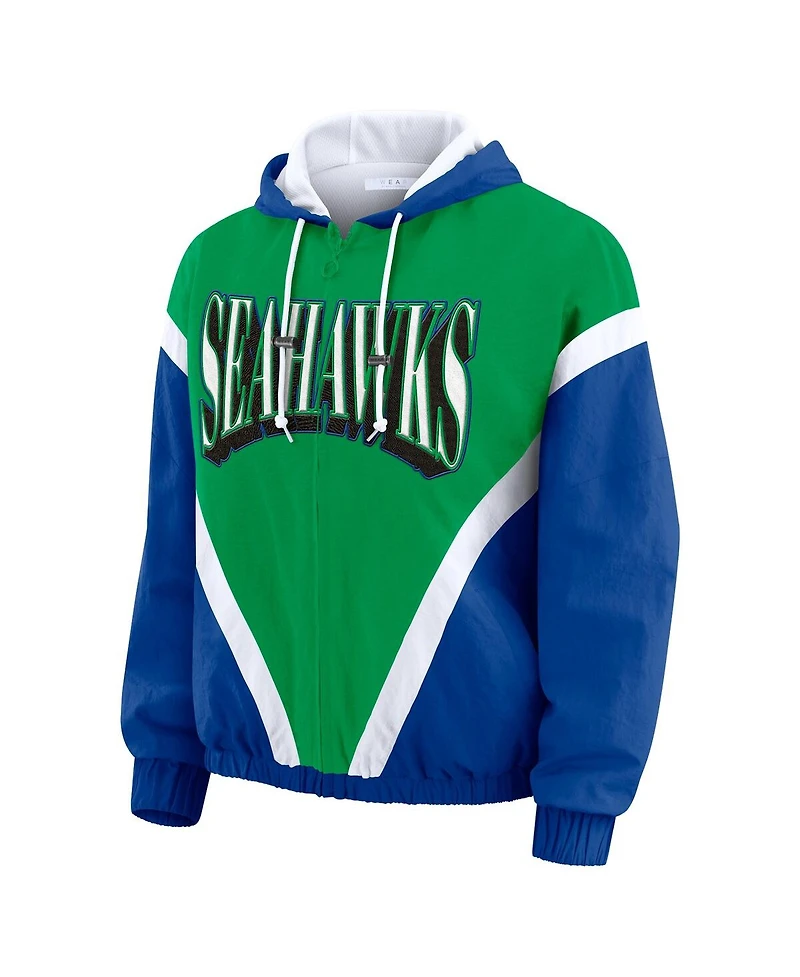 Wear by Erin Andrews Women's Green/Royal Seattle Seahawks Retro Crinkle Full-Zip Hoodie Windbreaker Jacket
