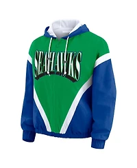 Wear by Erin Andrews Women's Green/Royal Seattle Seahawks Retro Crinkle Full-Zip Hoodie Windbreaker Jacket