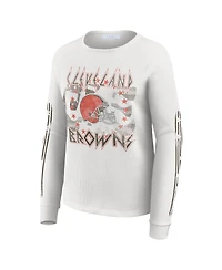 Wear by Erin Andrews Women's White Cleveland Browns Graphic Waffle Long-Sleeve T-Shirt