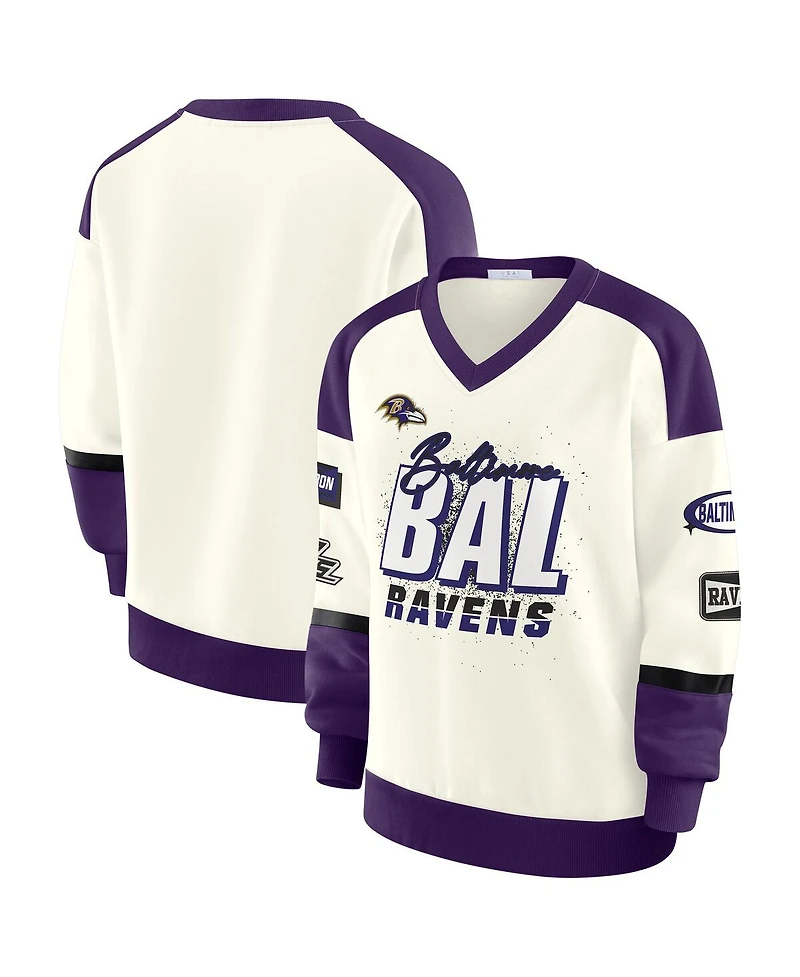 Wear by Erin Andrews Women's Cream Baltimore Ravens Racing Crew V-Neck Sweatshirt