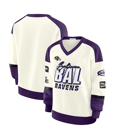Wear by Erin Andrews Women's Cream Baltimore Ravens Racing Crew V-Neck Sweatshirt