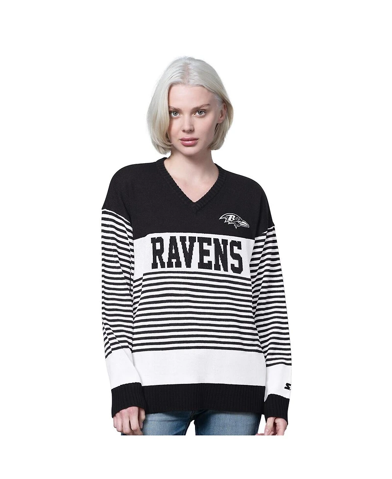 Starter Women's Black Baltimore Ravens No Huddle Striped V-Neck Sweater