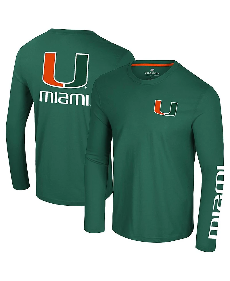 Colosseum Men's Green Miami Hurricanes Logo Lockup 3-Hit Active Blend Long Sleeve T-Shirt