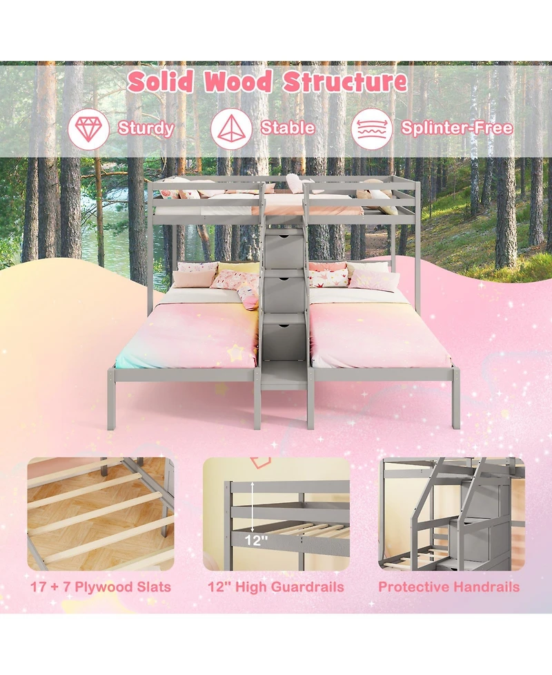Gymax Wooden Twin Over Twin & Twin Bunk Bed w/ 4-Step Storage Staircase Guardrail