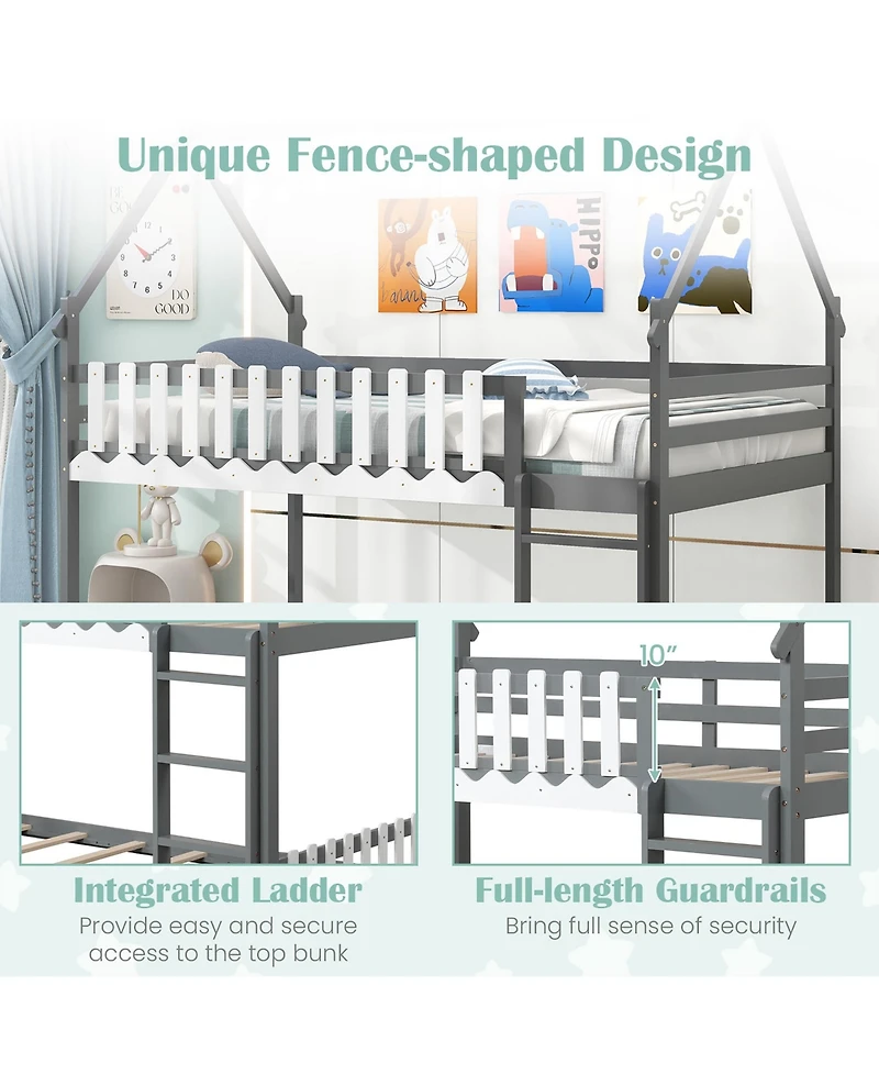 Gymax Twin Over Twin Bunk Bed w/ Fence & Ladder Solid Wood Floor Bunk Bed for Kids
