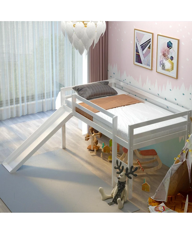 Gymax Twin Size Loft Bed with Slide Wood Low Sturdy Loft Bed Bedroom