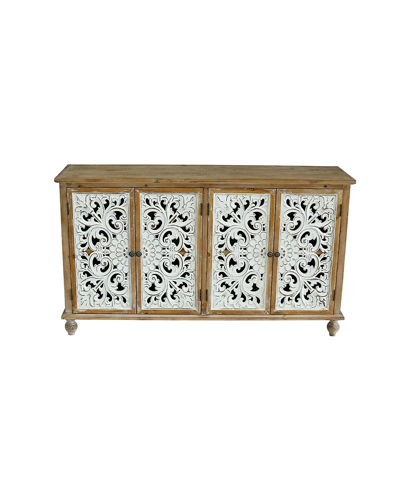 Lovmor Brand 4-Door Fir Wood & Mdf Distressed Finish, Hollow-Carved Doors + Accent Cabinet
