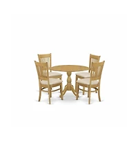 East West Furniture 5 Piece Modern Dining Table Set - Oak Dinner Table and 4 Oak Linen Fabric Dining Room Chairs with Slatted Back - Oak Finish