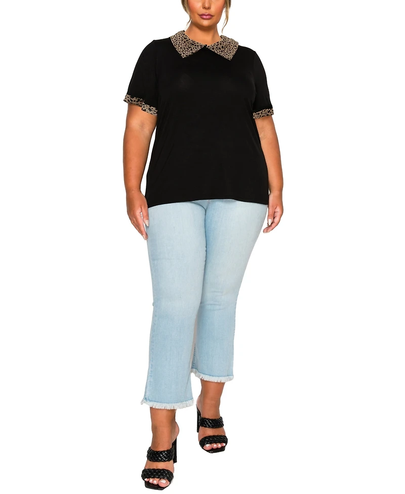 Coin 1804 Plus Pebble Mesh Collar Keyhole Back Short Sleeve Top