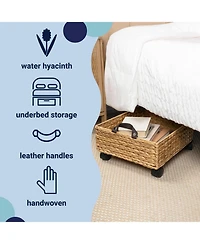 18.11" Hand-Woven Hyacinth Rectangular Underbed Storage Bin with Wheels and Handles